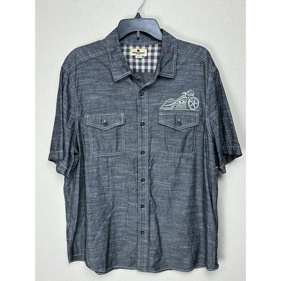 Vintage Woolrich Men’s XL Chambray Button Down Short Sleeve Shirt Motorcycle - Picture 1 of 10